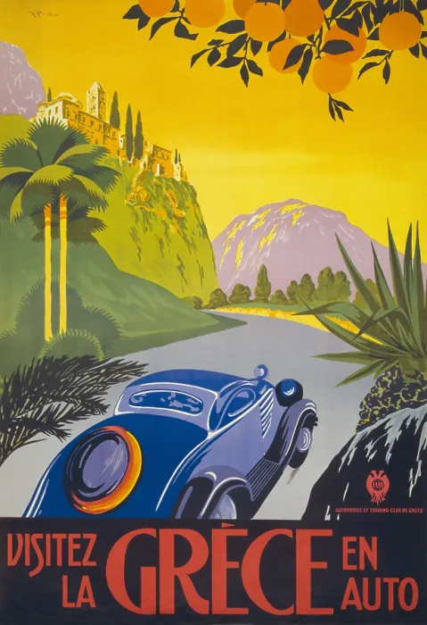 Framed Print : French travel poster shows an automobile driving along a road in Greece, ca. 1930. (BSLOC_2013_8_198) Framed Print : French travel poster shows an automobile driving along a road in Greece, ca. 1930. (BSLOC_2013_8_198)