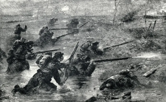Framed Print : French troops advancing in a snowstorm through the flooded ditches and bare woods of southern Belgium in Nov. 1914 Framed Print : French troops advancing in a snowstorm through the flooded ditches and bare woods of southern Belgium in Nov. 1914