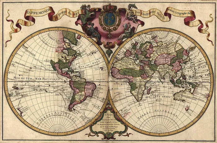 Framed Print : French world map shows nautical exploration routes and political boundaries. Map by Guillaume Delisle. 1720 Framed Print : French world map shows nautical exploration routes and political boundaries. Map by Guillaume Delisle. 1720
