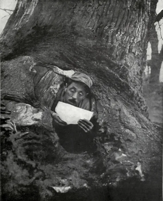 Framed Print : French WW1 soldier in a dugout tree reading a letter. 1916-17. He is near Monastir, on the Macedonia Front. (BSLOC_2012_4_2)