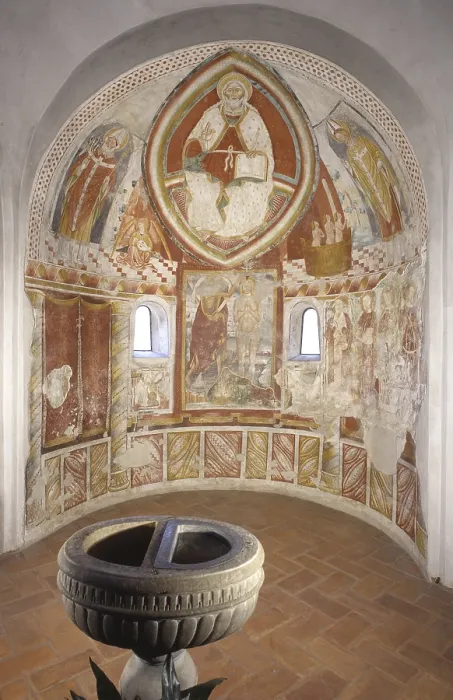 Framed Print : Frescoes of the apse, by Unknown Artist, 15th Century, fresco - Italy, Lombardy, Sesto Calende, Abbey of Saint Donato. Whole artwork view