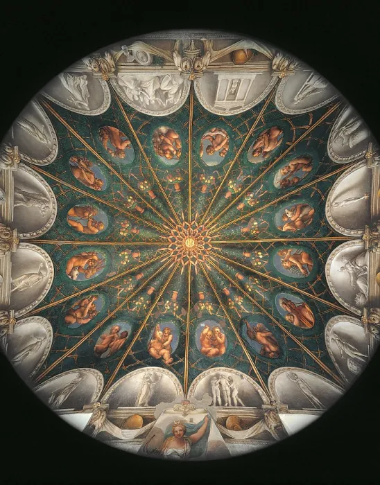 Framed Print : Frescoes in the Camera della Badessa at the Convent of St Paolo in Parma, by Antonio Allegri known as Correggio, 1519 about, 16th Century, fresco, cm 697 x 645 - Italy
