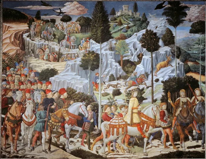 Framed Print : Frescoes of the Chapel of the Magi, by Benozzo di Lese di Sandro known as Benozzo Gozzoli, 1459 - 1460 about, 15th Century, fresco, - Italy, Tuscany, Florence