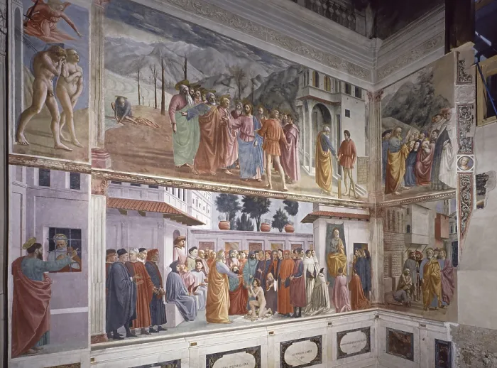 Framed Print : Frescoes on the Left Wall of the Brancacci Chapel (Affreschi nella parete sinistra della Cappella Brancacci), by Masaccio, Masolino da Panicale, Filippino Lippi, 1424-1485 Framed Print : Frescoes on the Left Wall of the Brancacci Chapel (Affreschi nella parete sinistra della Cappella Brancacci), by Masaccio, Masolino da Panicale, Filippino Lippi, 1424-1485