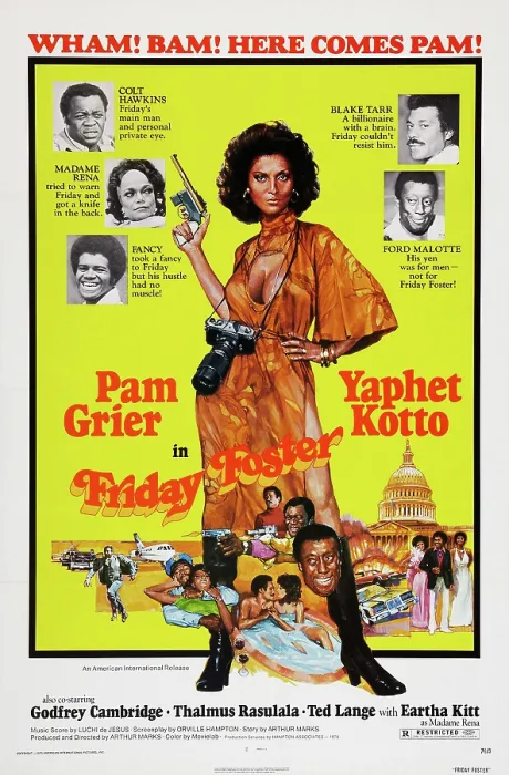 Framed Print : FRIDAY FOSTER, US poster, center: Pam Grier, top left: Yaphet Kotto, Eartha Kitt, Ted Lange, top right: Thalmus Rasulala, Godfrey Cambridge, 1975 Framed Print : FRIDAY FOSTER, US poster, center: Pam Grier, top left: Yaphet Kotto, Eartha Kitt, Ted Lange, top right: Thalmus Rasulala, Godfrey Cambridge, 1975
