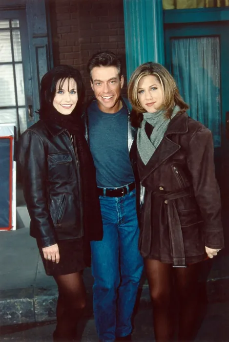 Framed Print : FRIENDS, from left: Courteney Cox, Jean-Claude Van Damme, Jennifer Aniston, The One After the Superbowl, Part II, (Season 2, ep. 213, aired Jan. 28, 1996), 1994-2004 Framed Print : FRIENDS, from left: Courteney Cox, Jean-Claude Van Damme, Jennifer Aniston, The One After the Superbowl, Part II, (Season 2, ep. 213, aired Jan. 28, 1996), 1994-2004