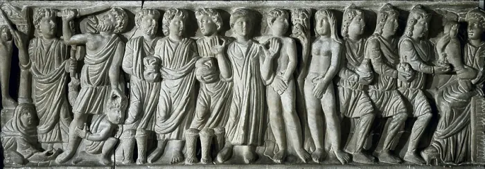 Framed Print : Frieze. Constatine's period. 4th c. The front part of the sarcofagus. An orator at the center of the frieze