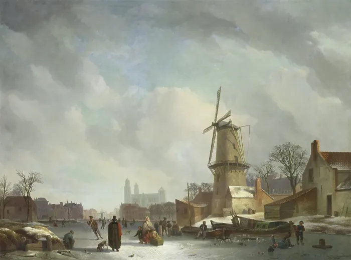 Framed Print : Frolicking on a Frozen Canal in a Town, Abraham Couwenberg, 1830-37, Dutch oil painting on canvas. Men, women, and children walk, push sleds, and skate on ice in winter Framed Print : Frolicking on a Frozen Canal in a Town, Abraham Couwenberg, 1830-37, Dutch oil painting on canvas. Men, women, and children walk, push sleds, and skate on ice in winter
