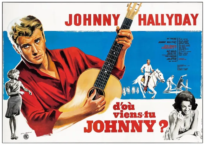Framed Print : WHERE ARE YOU FROM, JOHNNY?, (aka D'OU VIENS-TU... JOHNNY?), French poster, from left: Sylvie Vartan, Johnny Hallyday, Evelyne Dandry, 1963