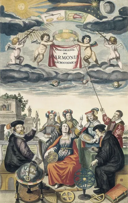Framed Print : Frontispice of 'Harmonia Macrocosmica' or 'Celestial Atlas' by Andreas Cellarius (1661). Coln surrounded with astronomers. Engraving. SPAIN. Madrid