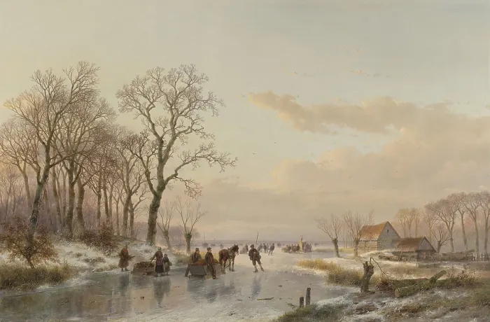 Framed Print : A Frozen Canal Near the River Maas, by Andreas Schelfhout, 1867, Dutch painting, oil on canvas. Frozen winter scenes, with various people on the ice on skates, with sleds Framed Print : A Frozen Canal Near the River Maas, by Andreas Schelfhout, 1867, Dutch painting, oil on canvas. Frozen winter scenes, with various people on the ice on skates, with sleds