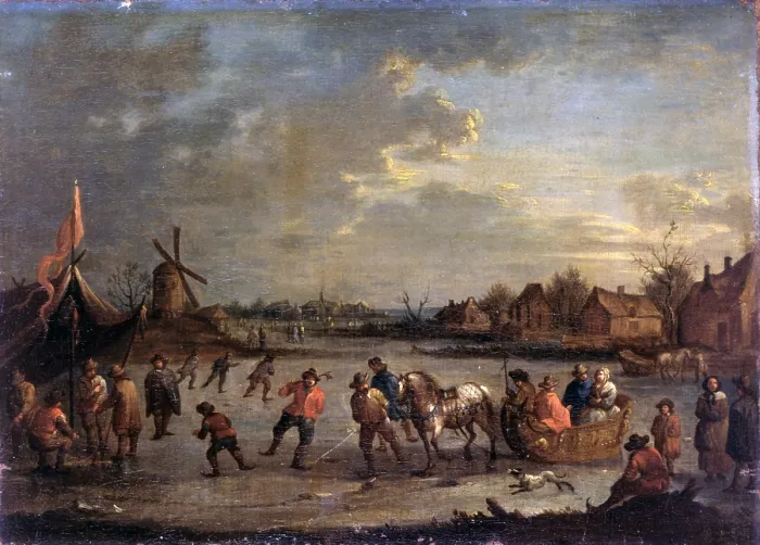 Framed Print : Frozen River with Skaters, copy after Bout Pieter, 1690 - 1710, 17th - 18th Century, oil on canvas 30 x 40 cm - Italy, Lombardy, Milan, Castello Sforzesco