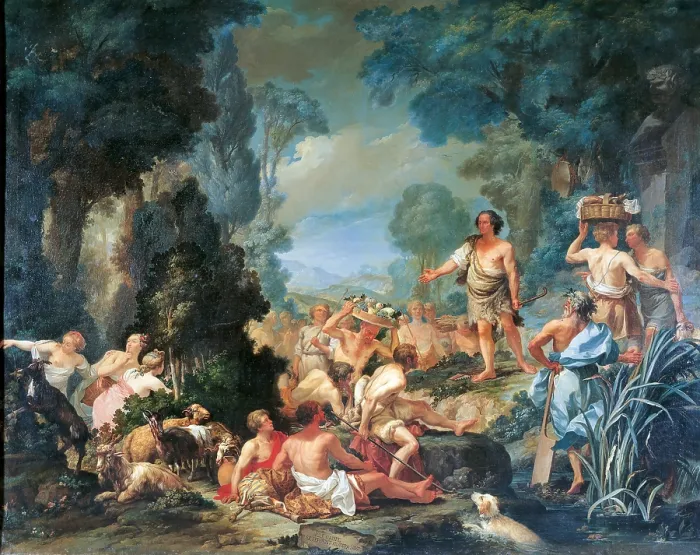 Framed Print : Frugoni in Arcadia, by Pietro Melchiorre Ferrari, 1763, 18th Century, oil on canvas, cm 180 x 218 - Italy, Emilia Romagna, Parma, National Gallery. All