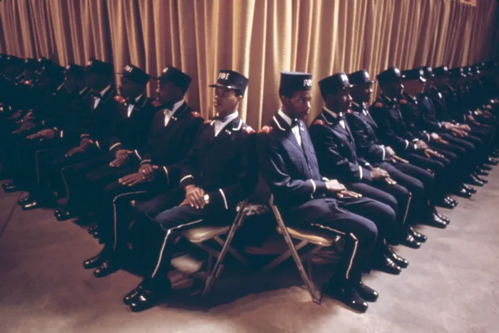 Framed Print : The Fruit of Islam body guards for Elijah Muhammad sit in formation while the leader delivers his annual Saviors Day message in Chicago. March 1974 Framed Print : The Fruit of Islam body guards for Elijah Muhammad sit in formation while the leader delivers his annual Saviors Day message in Chicago. March 1974