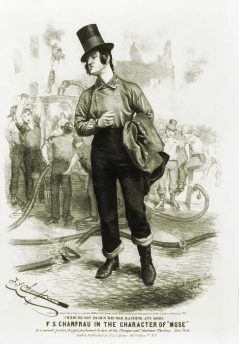 Framed Print : F.S. Chanfrau in the character of Mose, a New York Irish Bowery B'hoy and volunteer fireman, shown leaving a fire scene, with his coat over his arm, stovepipe hat Framed Print : F.S. Chanfrau in the character of Mose, a New York Irish Bowery B'hoy and volunteer fireman, shown leaving a fire scene, with his coat over his arm, stovepipe hat
