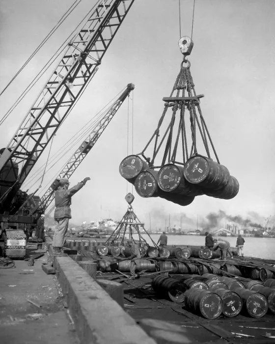 Framed Print : Fuel drums are lifted and moved with cranes from a tanker at Inchon Harbor, Korea. March 7, 1952. Korean War, 1950-53. (BSLOC_2014_11_118) Framed Print : Fuel drums are lifted and moved with cranes from a tanker at Inchon Harbor, Korea. March 7, 1952. Korean War, 1950-53. (BSLOC_2014_11_118)