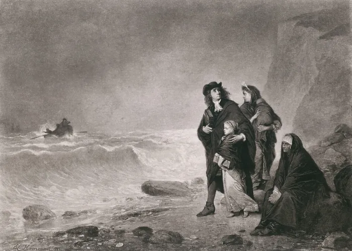 Framed Print : THE FUGITIVES, depicts French Huguenots refugees from France after the 1685 Revocation of the Edit of Nantes of 1598, declaring French Protestants to be heretics