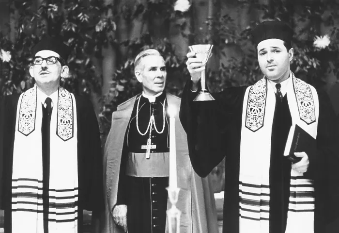 Framed Print : Fulton J. Sheen (center), Bishop of Rochester, at a Jewish service at the Mt. Neboh Congregation. Manhattan, New York City, Feb. 2, 1968. L-R: Rev. Dr