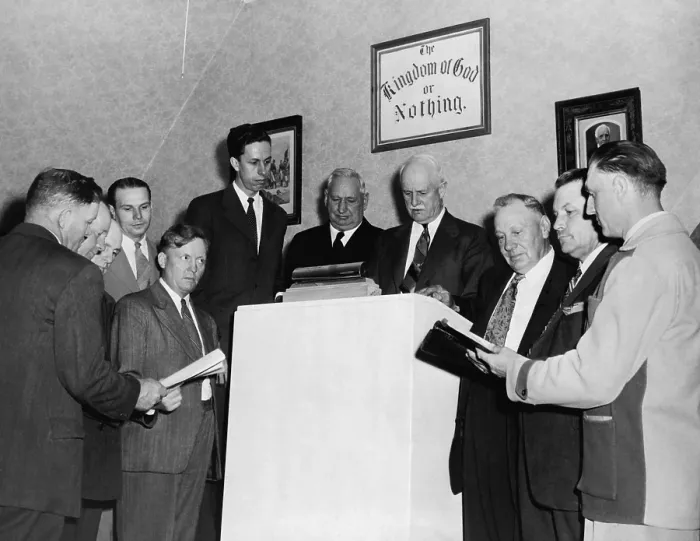 Framed Print : Fundamentalist Polygamists pray for a favorable verdict in their trial for practicing polygamy. Sept. 19, 1944 Framed Print : Fundamentalist Polygamists pray for a favorable verdict in their trial for practicing polygamy. Sept. 19, 1944