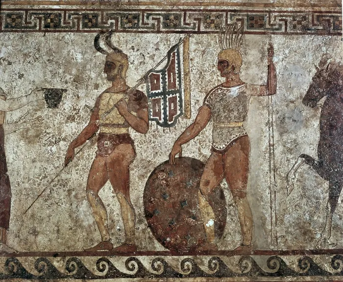 Framed Print : Funeral painting with Greek soldiers. Farewell of the deceased. 4th c. BC. Classical Greek art. Fresco. ITALY. Naples. National Museum of Archaeology. Proc: ITALY. Paestum