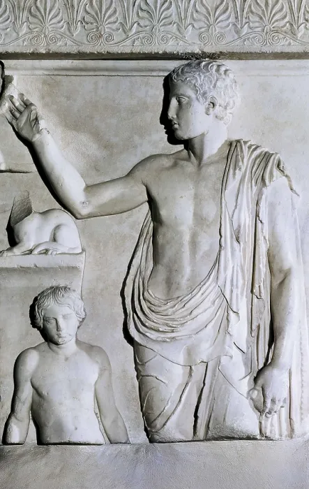 Framed Print : Funeral Stele of a Young Boy. 410 BC. Classical Greek art. Relief on marble. GREECE. Athens. National Museum of Archaeology. Proc: CYPRUS. Salamina