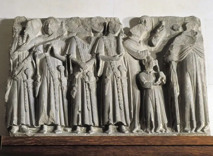 Framed Print : Funerary Relief. 1345 - 1350. Attributed to Pere Seguer. Gothic art. Relief. SPAIN. Barcelona. Frederic Mares Museum. Proc: SPAIN. Lerida. Seu Vella or Old Cathedral