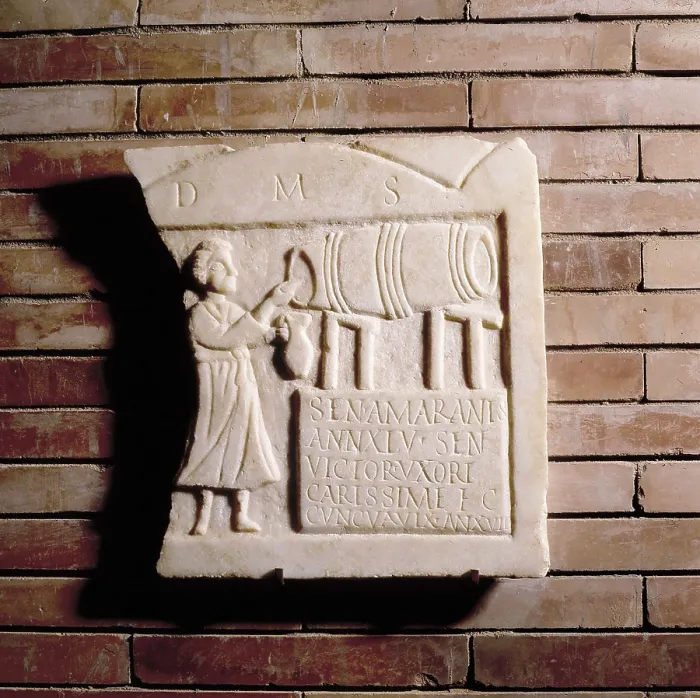 Framed Print : Funerary Stele of the Landlady Sentia Amaranis. 1st c. Roman art. Early Empire. Relief on marble. SPAIN. Mrida.. National Museum of Roman Art. Proc: SPAIN. Mrida
