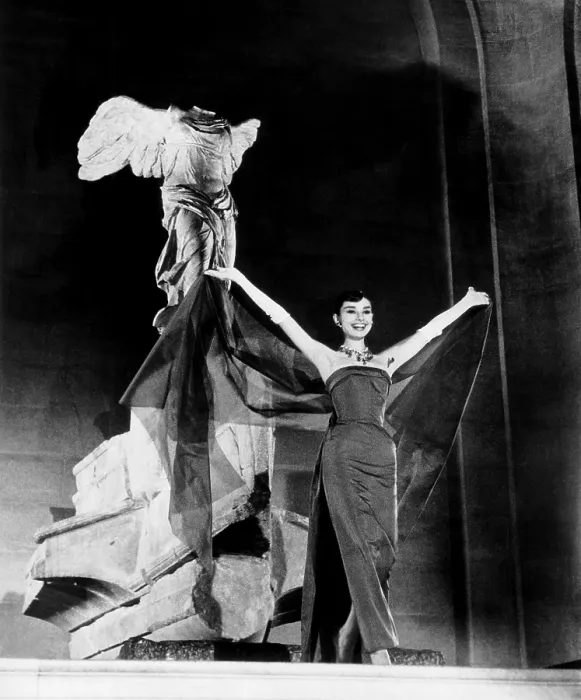 Framed Print : FUNNY FACE, Audrey Hepburn, in a Givenchy evening gown, 1957