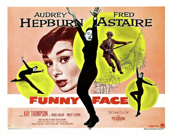 Framed Print : FUNNY FACE, US half-sheet poster art, Audrey Hepburn (closeup and in black), Fred Astaire (top right), 1957