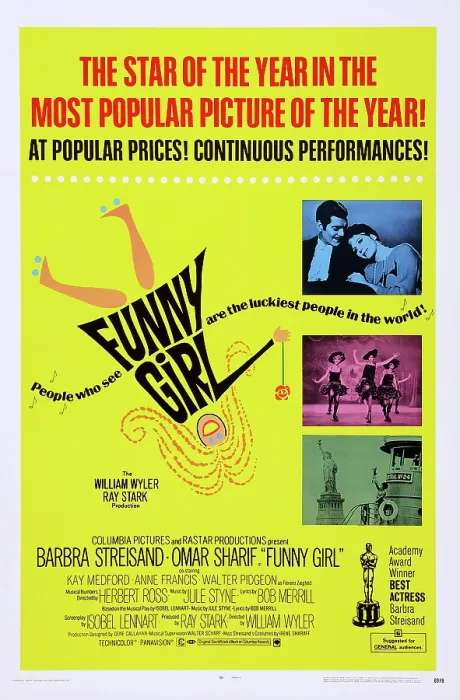 Framed Print : FUNNY GIRL, top right photo, from left: Omar Sharif, Barbra Streisand; center dancer in middle right photo: Barbra Streisand; 1-sheet poster art, 1968