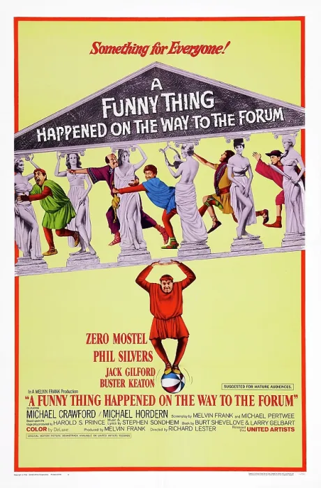 Framed Print : A FUNNY THING HAPPENED ON THE WAY TO THE FORUM, Zero Mostel (bottom), Phil Silvers, Jack Gilford, Buster Keaton (top right), 1966