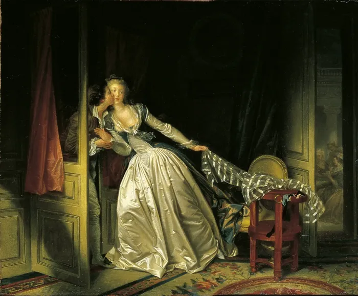 Framed Print : A furtive kiss, by Jean-Honor Fragonard, 1780 ca. 18th Century, oil on canvas, 45 x 55 cm - Russia, St. Petersburg, The State Hermitage Museum. Whole artwork view Framed Print : A furtive kiss, by Jean-Honor Fragonard, 1780 ca. 18th Century, oil on canvas, 45 x 55 cm - Russia, St. Petersburg, The State Hermitage Museum. Whole artwork view
