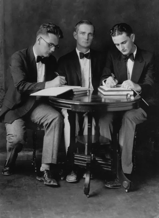 Framed Print : Future US President Lyndon Johnson (head down at right) with Southwest Texas State Teachers College Debate Team. L-R: Elmer Graham, Prof