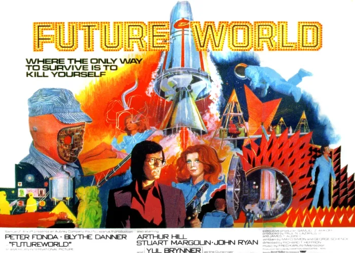 Framed Print : FUTUREWORLD, center, from left: Peter Fonda, Blythe Danner, 1976
