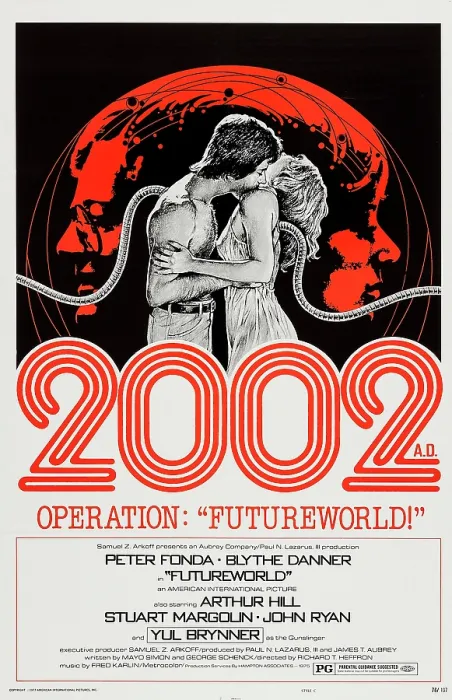 Framed Print : FUTUREWORLD, l-r: Peter Fonda, Blythe Danner on poster art, 1976