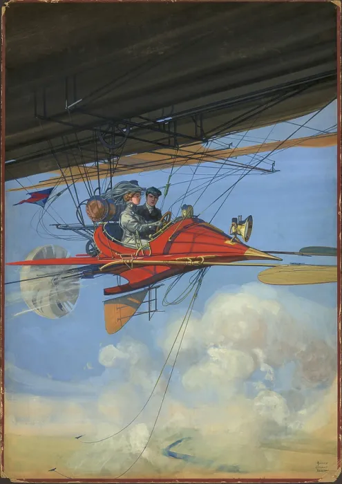 Framed Print : Futuristic air travel. A woman is at the wheel of a futuristic aircraft in a cover illustration by Harry Grant Dart 1869-1939 for ALL STORY magazine. Ca. 1910. LC-DIG-ppmsca-13554