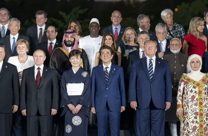 Framed Print : G20 leaders and some of their spouses pose for a group photo during the Cultural Program at the Osaka Geihinkan, June 28, 2019 (BSLOC_2019_6_225) Framed Print : G20 leaders and some of their spouses pose for a group photo during the Cultural Program at the Osaka Geihinkan, June 28, 2019 (BSLOC_2019_6_225)