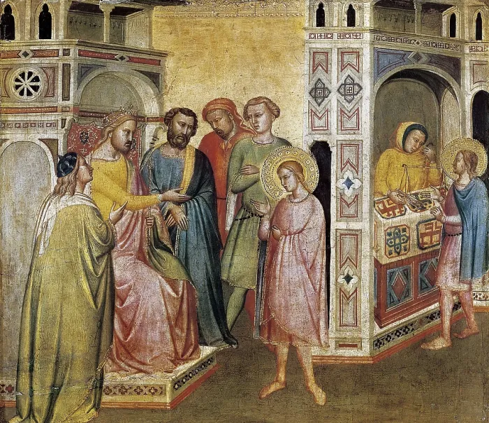 Framed Print : GADDI, Tadeo (1300-1366). St. 1365. The merovingian, at his throne, commissioned the gold saddle to the Saint. At the right side, the Saint weighting the ingots. Renaissance art Framed Print : GADDI, Tadeo (1300-1366). St. 1365. The merovingian, at his throne, commissioned the gold saddle to the Saint. At the right side, the Saint weighting the ingots. Renaissance art