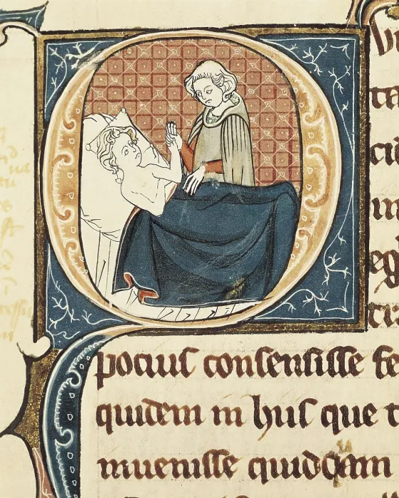Framed Print : Galen of Pergamum (129-c. 216). French miniature from the manuscript 1003 fol.185 of the 'Galen's Works'. Doctor examining a patient. Gothic art. Miniature Painting