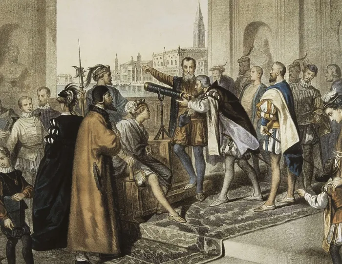 Framed Print : GALILEO, Galileo Galilei, called (1564-1642). Galileo shows his telescope. Work by L. Turgis. Litography. AISA / Everett Collection**US SALES ONLY**