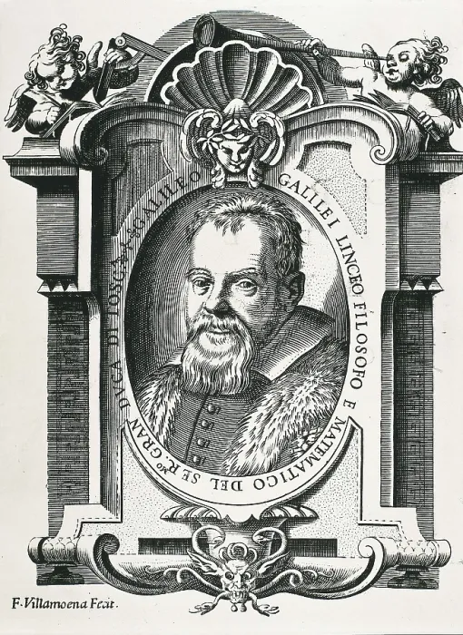 Framed Print : GALILEO, Galileo Galilei, called (1564-1642). Portrait of Galileo with a frame surrounding it and an inscription: GALILEO GALILEI LINCEO FILOSOFO E MATEMATICO DEL SERMO