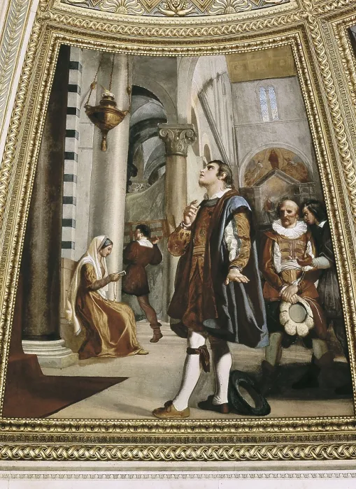 Framed Print : Galileo Tribune. Galileo Observing the Oscillation of the Lamp. 1841. Fresco. ITALY. Florence. Natural History Museum of the University of Florence - La Specola