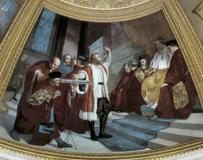 Framed Print : Galileo Tribune. Galileo Showing his Telescope to the Venetian Senate. 1841. Fresco. ITALY. Florence. Natural History Museum of the University of Florence - La Specola