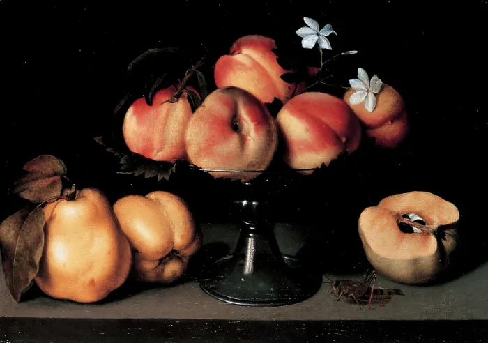 Framed Print : Galizia Fede, Crystal Fruit stand with Peaches, Quinces, Jasmine Flowers and a Grasshopper, 1607, 17th Century, oil on panel, Italy, Lombardy, Campione d'Italia Como Framed Print : Galizia Fede, Crystal Fruit stand with Peaches, Quinces, Jasmine Flowers and a Grasshopper, 1607, 17th Century, oil on panel, Italy, Lombardy, Campione d'Italia Como
