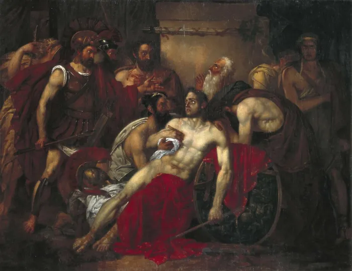 Framed Print : GALLAIT, Louis (1810-1887). The Death of Epaminondas. mid. 19th c. Battle of Mantinea (362 BC). Oil on canvas. BELGIUM. Tournai. Fine Arts Museum