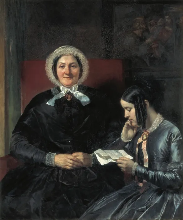 Framed Print : GALLAIT, Louis (1810-1887). The Mother and Sister of the Artist. mid. 19th c. In the upper section, representation of Christ instructing Nicodemus. Oil on canvas. BELGIUM Framed Print : GALLAIT, Louis (1810-1887). The Mother and Sister of the Artist. mid. 19th c. In the upper section, representation of Christ instructing Nicodemus. Oil on canvas. BELGIUM
