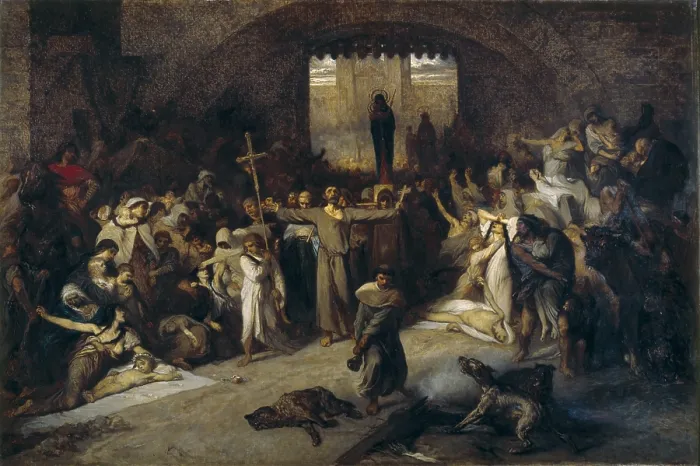Framed Print : GALLAIT, Louis (1810-1887). The Plague of Tournai in 1095. 1881. Represents the origins of 'La Grande Procession' Framed Print : GALLAIT, Louis (1810-1887). The Plague of Tournai in 1095. 1881. Represents the origins of 'La Grande Procession'