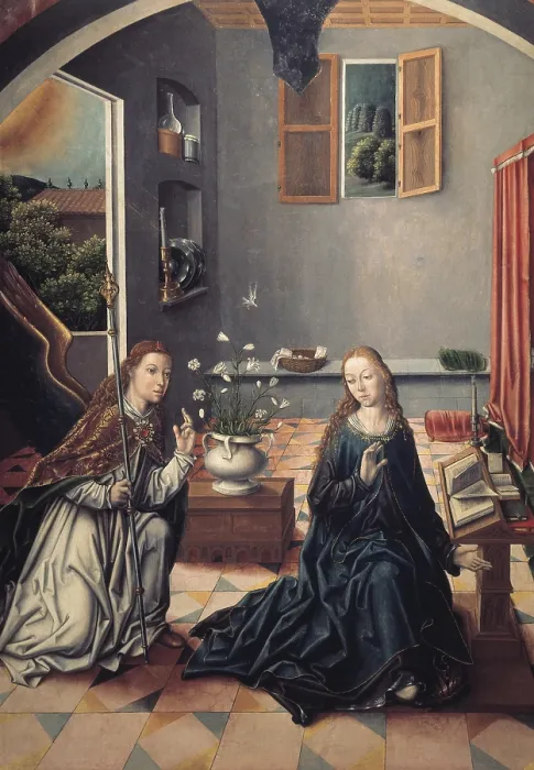 Framed Print : GALLEGO, Fernando (1440-1507). The Annunciation. Late 15th c. Part of the main altarpiece of the church. Renaissance art. Oil on wood. SPAIN. Arcenillas. Church of the Assumption