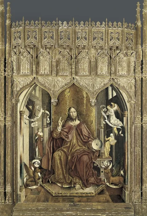 Framed Print : GALLEGO, Fernando (1440-1507). Christ Giving his Blessing. ca. 1470. Christ seated in a throne, surrounded by the Tetramorph. The Church and the Synagogue are on the sides Framed Print : GALLEGO, Fernando (1440-1507). Christ Giving his Blessing. ca. 1470. Christ seated in a throne, surrounded by the Tetramorph. The Church and the Synagogue are on the sides