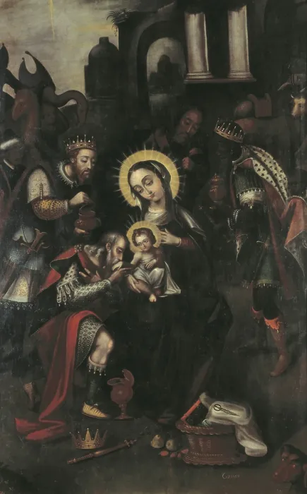 Framed Print : GAMARRA, Gregorio (17th century). 'Epiphany' Cuzco School, 17th c. Mannerism art. Oil on canvas. BOLIVIA. La Paz. National Museum of Art